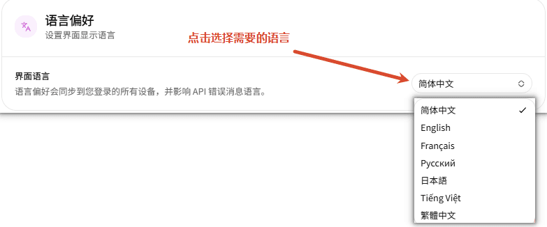 界面语言偏好设置页