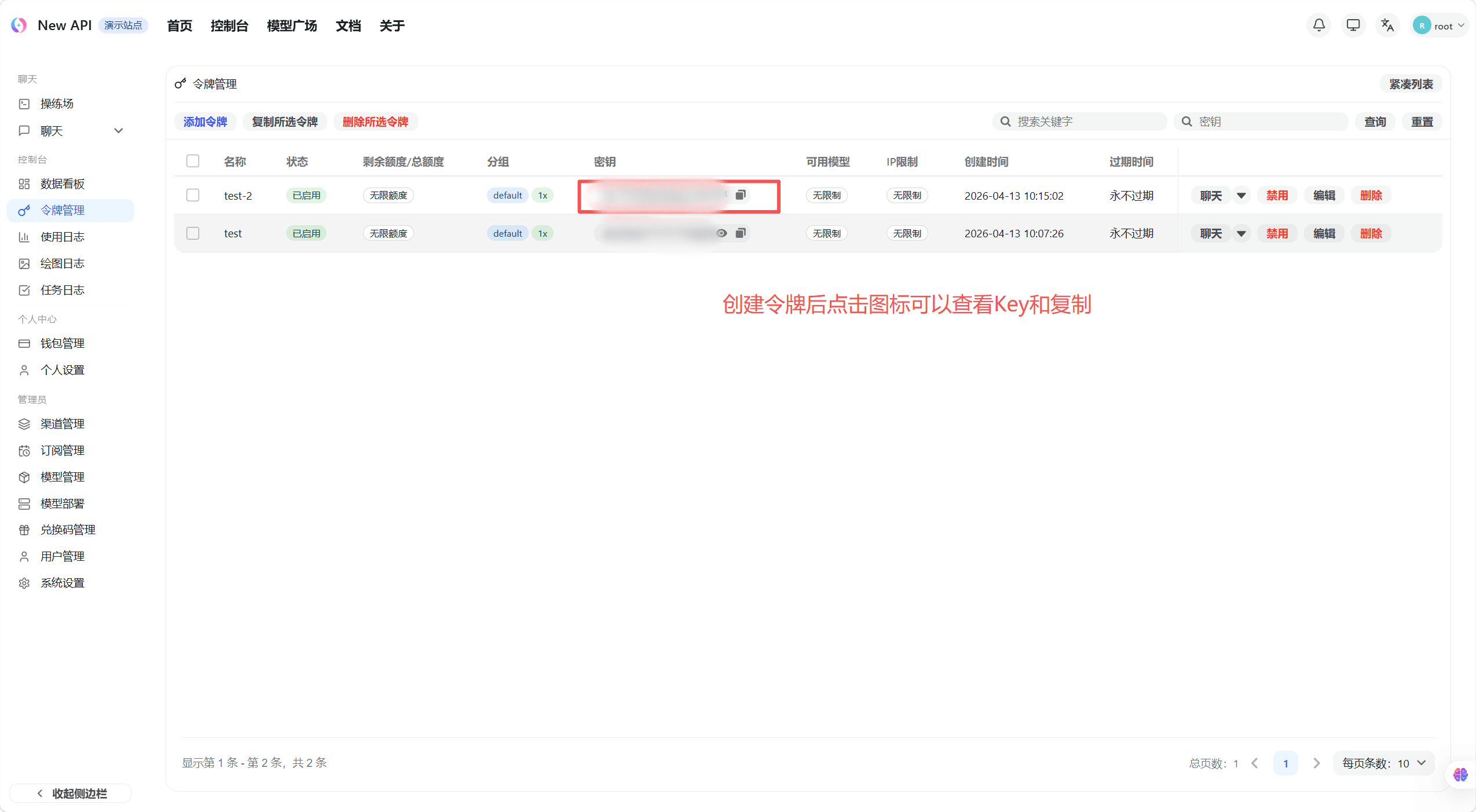 令牌创建成功,显示完整 Key